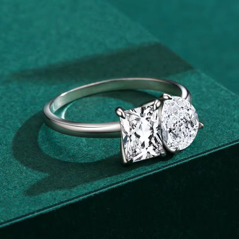 New Design 925 Sterling Silver Dual Stone Cubic Zirconia Ring | Princess & Pear Cut | Rhodium Plated