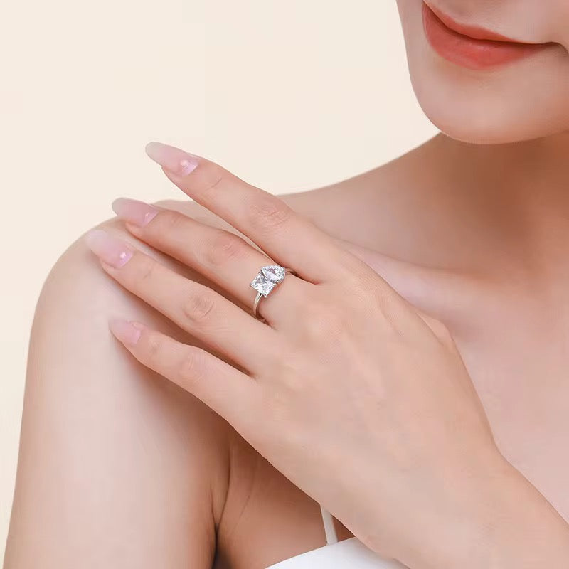 New Design 925 Sterling Silver Dual Stone Cubic Zirconia Ring | Princess & Pear Cut | Rhodium Plated
