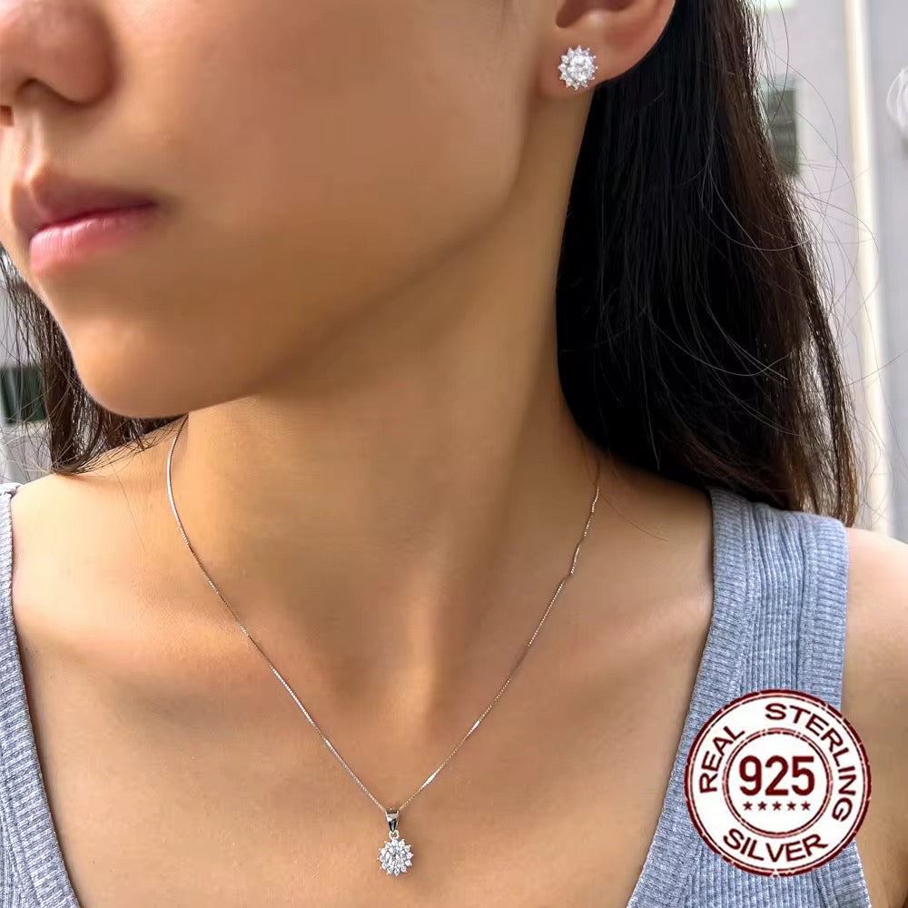 Latest Dazzling Cubic Zirconia White Flower 925 Sterling Silver Necklace & Earring Set