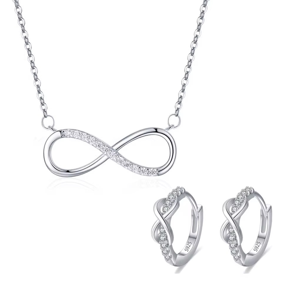 Sterling Silver Infinity Necklace & Earrings Set | Cubic Zirconia Sparkle