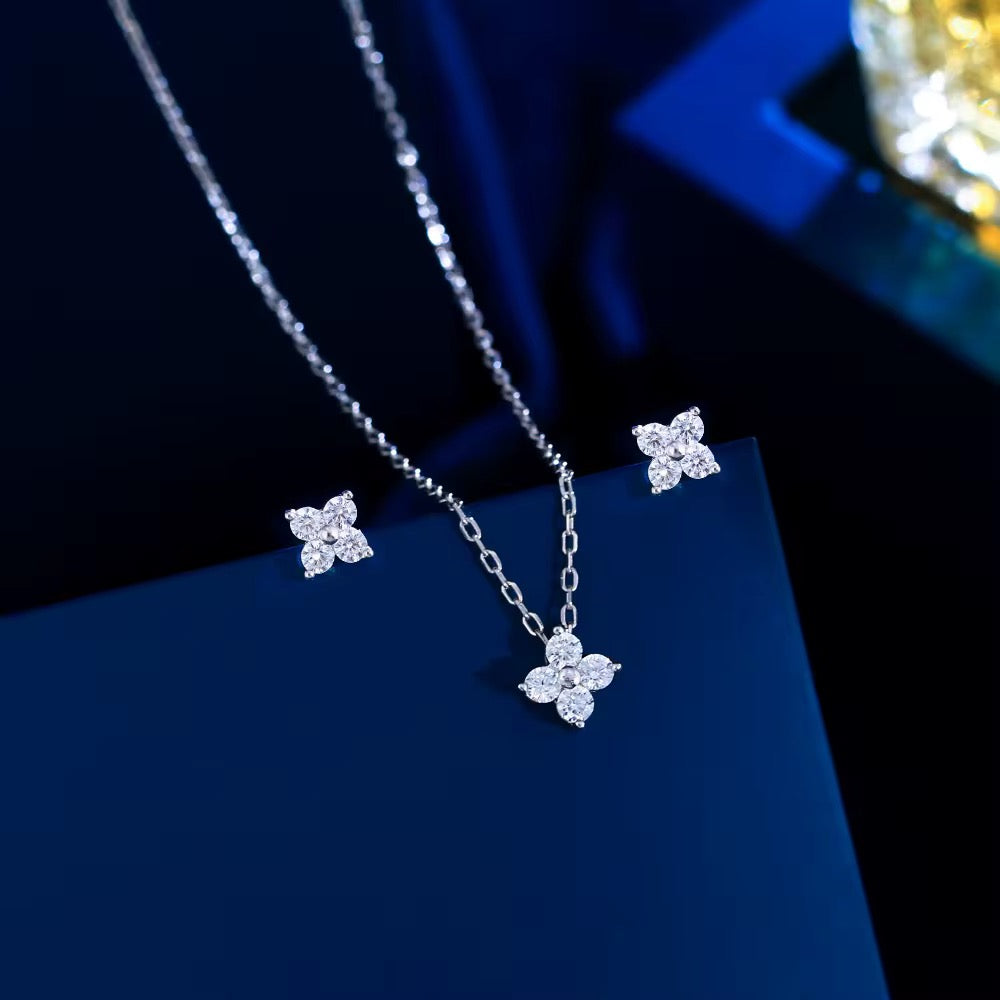 Minimalist Flower Cubic Zirconia 925 Sterling Silver Necklace & Earrings Set