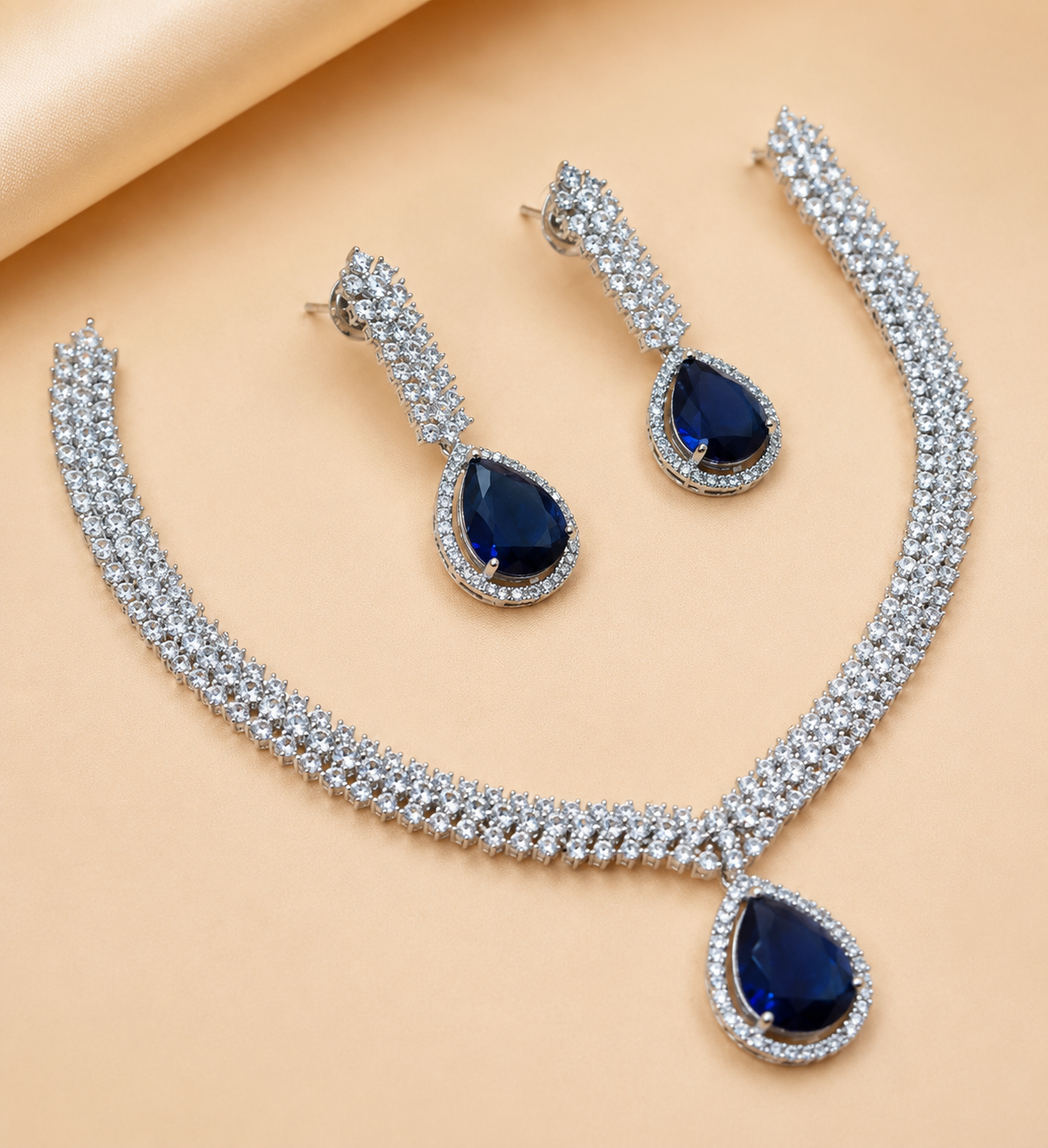 ✨ Kiara AAmerican Diamond Necklace & Earring Set | Variants:
🤍 Crystal White
💙 Sapphire Blue