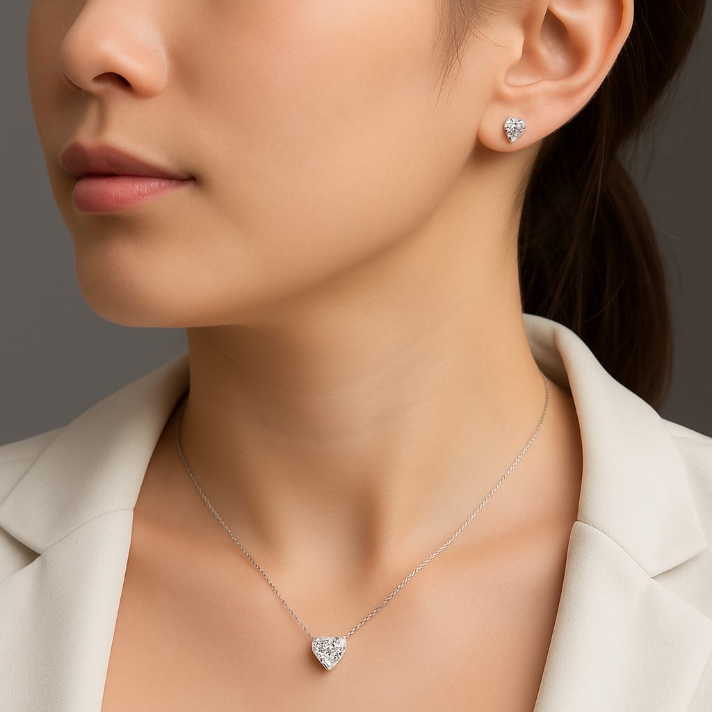 925 Sterling Silver Heart CZ Necklace & Stud Earrings Set