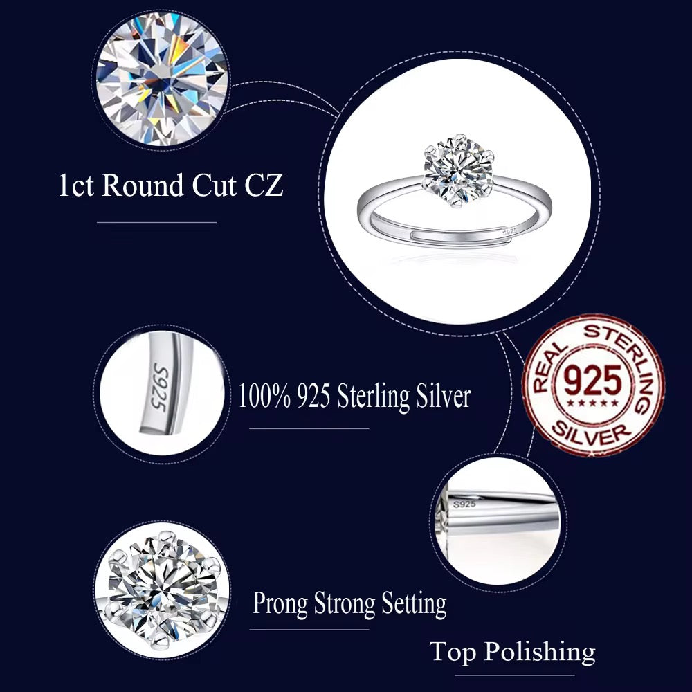 1ct Moissanite Open Adjustable Ring – 925 Sterling Silver