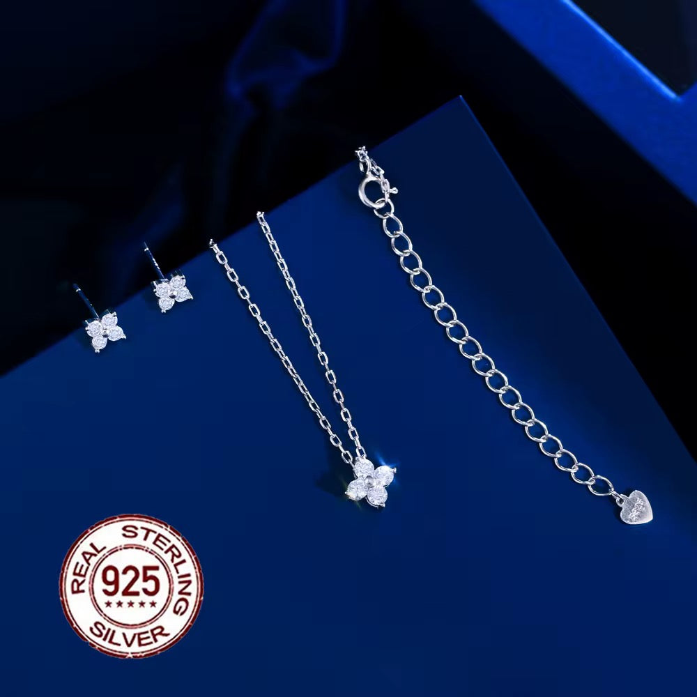 Minimalist Flower Cubic Zirconia 925 Sterling Silver Necklace & Earrings Set