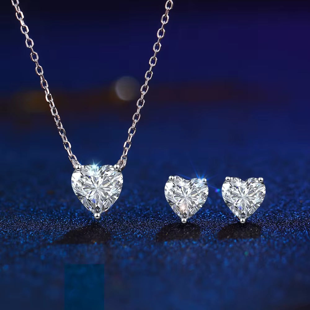 925 Sterling Silver Heart CZ Necklace & Stud Earrings Set