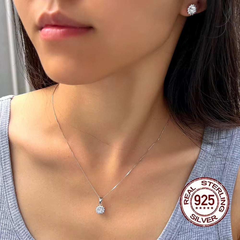 Latest Dazzling Cubic Zirconia White Flower 925 Sterling Silver Necklace & Earring Set
