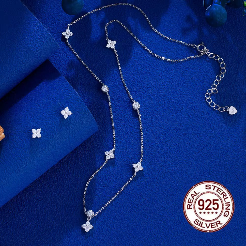 925 Sterling Silver Clover CZ Necklace & Stud Earrings | Modern Classic Style