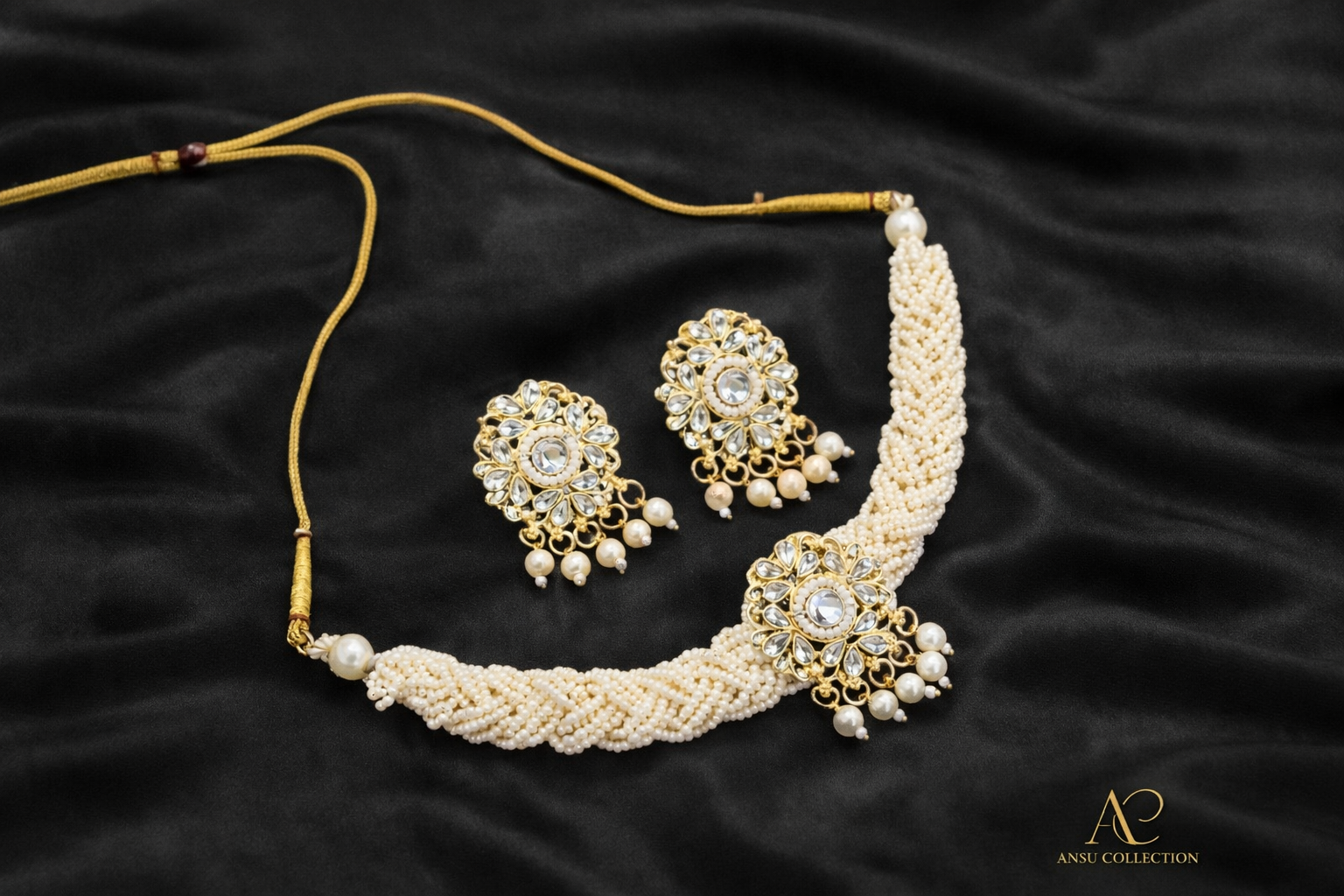 White Kundan Pearl Choker Necklace Set for Women