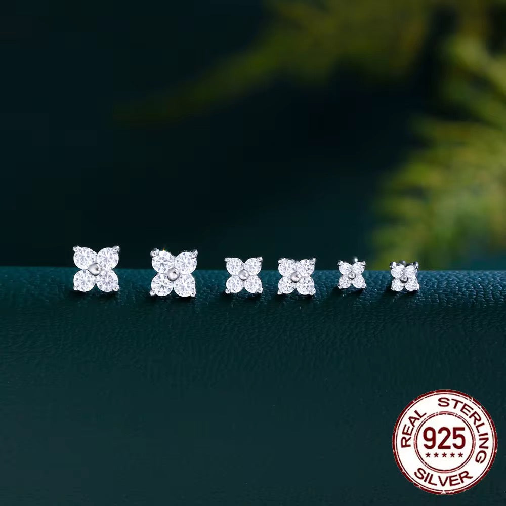 Simple Flower Stud Earrings – 925 Sterling Silver CZ (size :3mm–5mm)