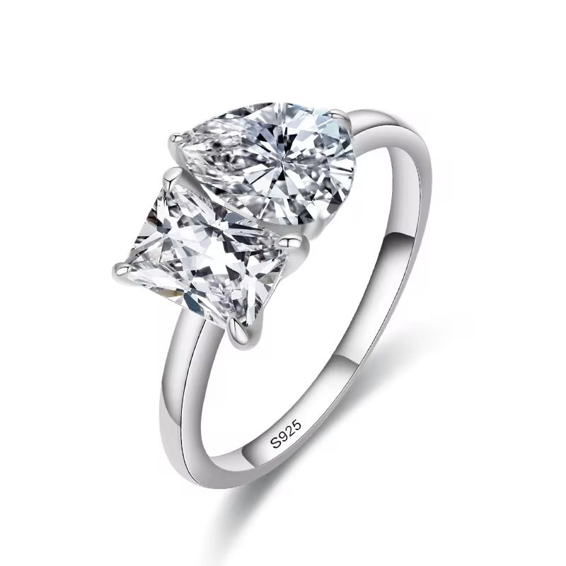 New Design 925 Sterling Silver Dual Stone Cubic Zirconia Ring | Princess & Pear Cut | Rhodium Plated