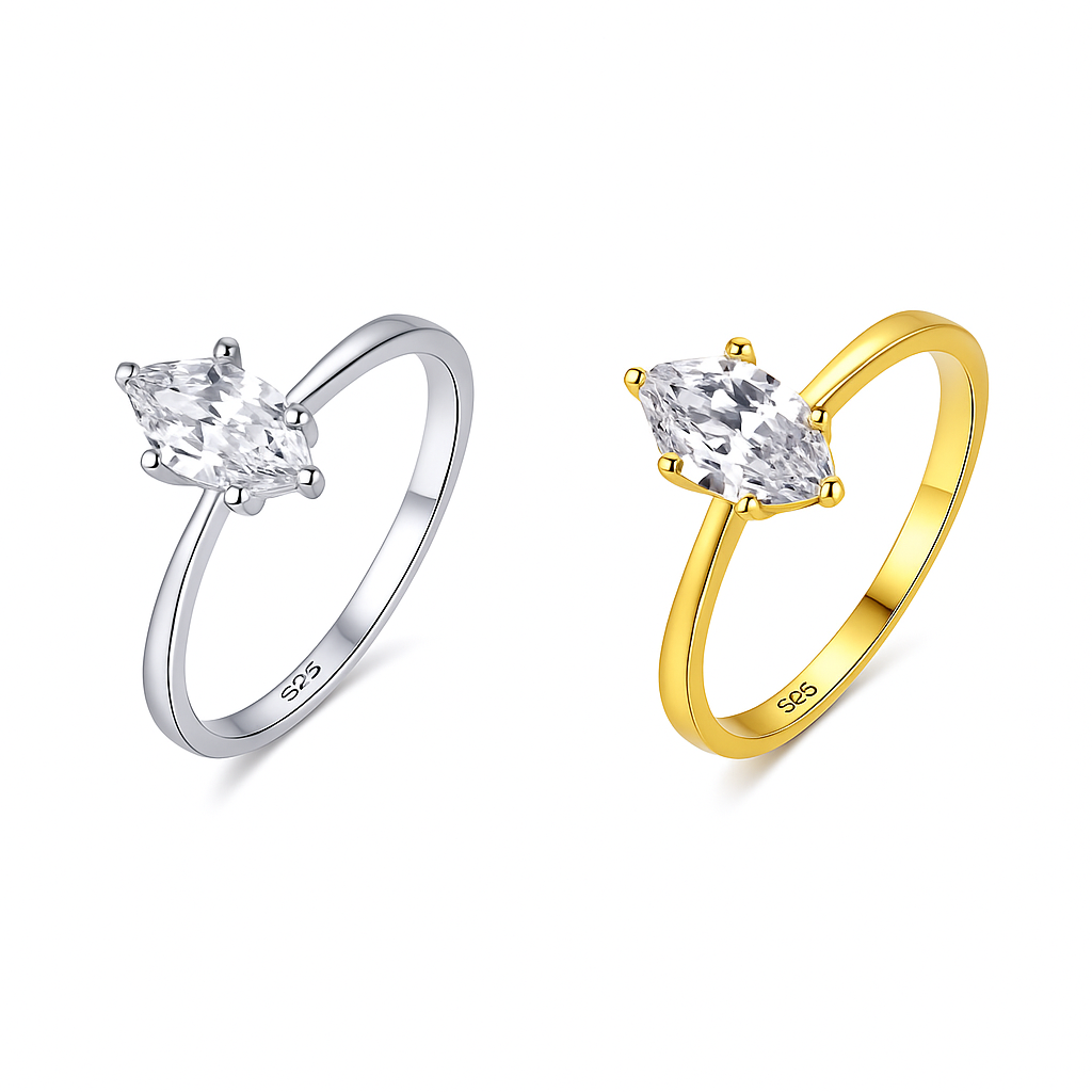 Marquise Cut Cubic Zirconia Ring | Real 925 Sterling Silver | Silver & 18K Gold Plated Gold Plated on Real 925 Sterling Silver