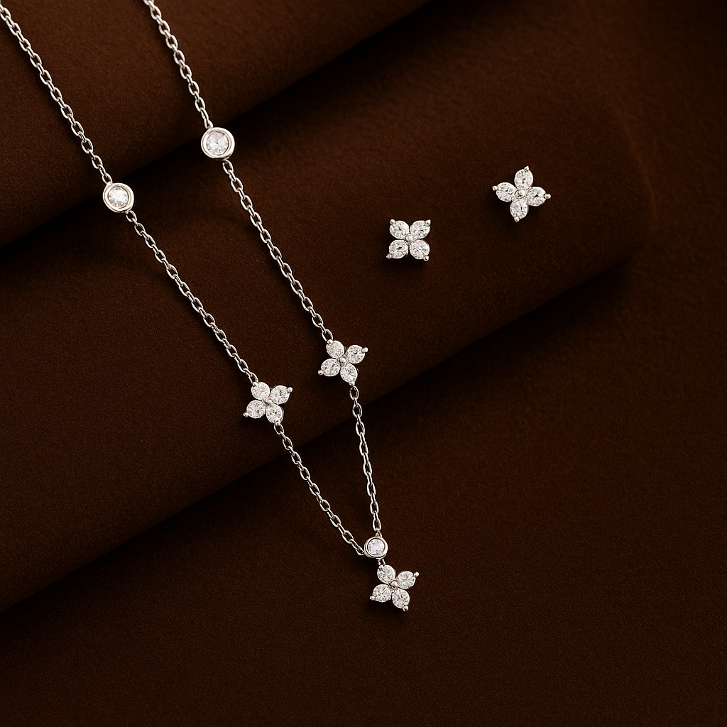 925 Sterling Silver Clover CZ Necklace & Stud Earrings | Modern Classic Style