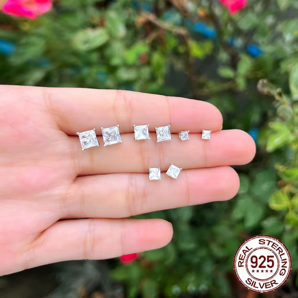 925 Sterling Silver Princess Cut CZ Square Stud Earrings | 3mm–6mm Hypoallergenic.