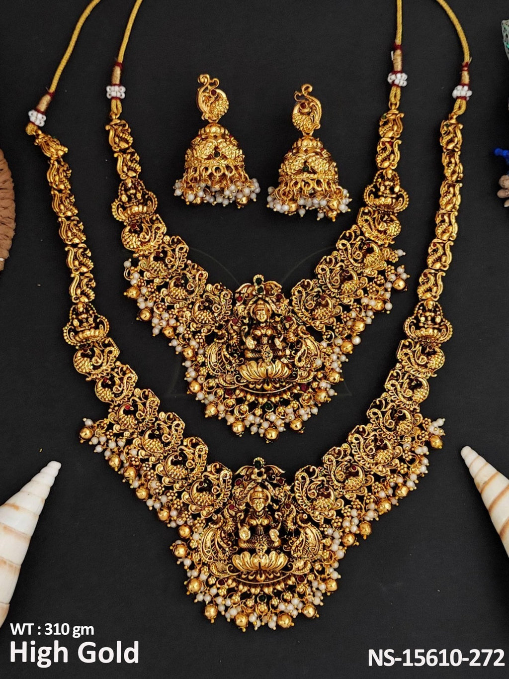 Antique Gold Plated Brass Bridal Temple Long Necklace Set with Jhumka Earrings