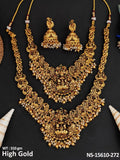 Antique Gold Plated Brass Bridal Temple Long Necklace Set with Jhumka Earrings
