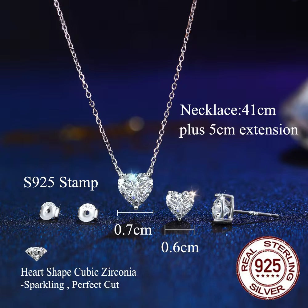 925 Sterling Silver Heart CZ Necklace & Stud Earrings Set