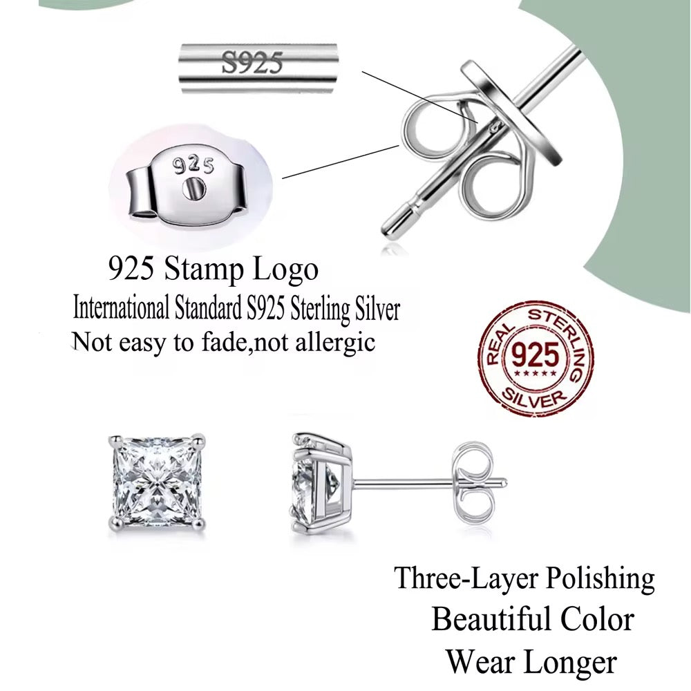 925 Sterling Silver Princess Cut CZ Square Stud Earrings | 3mm–6mm Hypoallergenic.