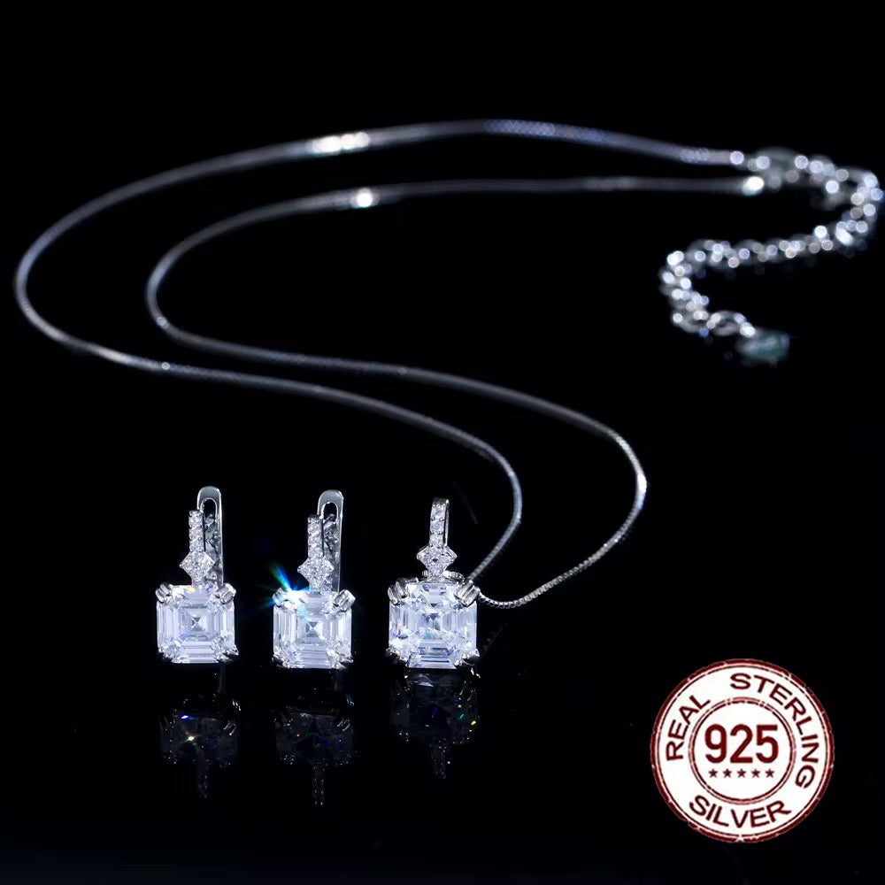 Fashion Iced Out 925 Sterling Silver Asscher Cut Cubic Zirconia Necklace and Earrings Set for Women Daily Wear