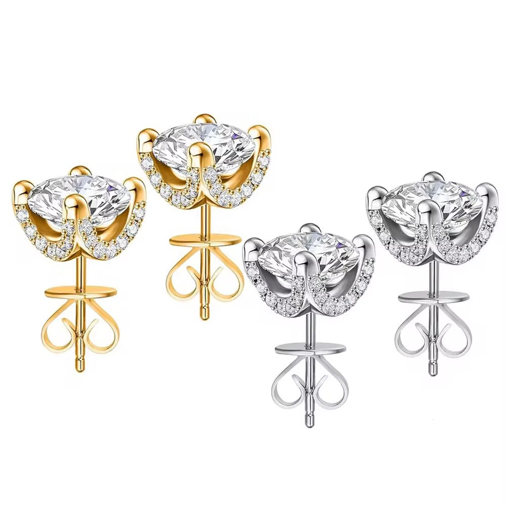 925 Sterling Silver Lotus Halo Stud Earrings | Gold & Silver colour | 6mm Cubic Zirconia