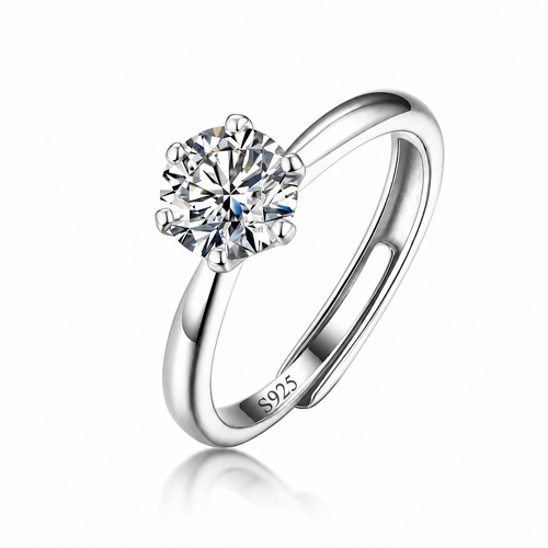 925 Sterling Silver Adjustable Solitaire Ring | 5A CZ Round Brilliant Cut | 6-Prong Setting