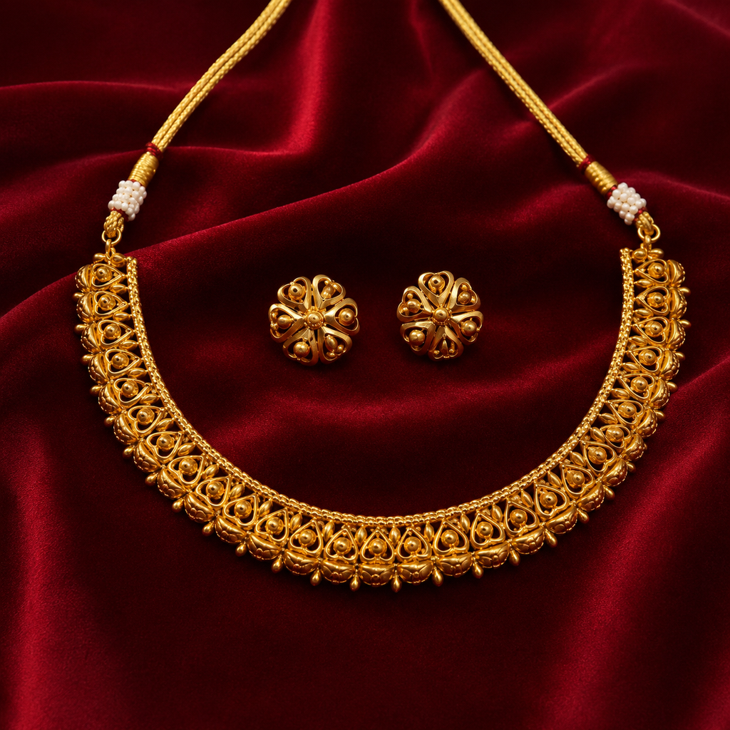 Aaradhya Traditional Heritage Necklace Set with matching floral stud earrings on red velvet
