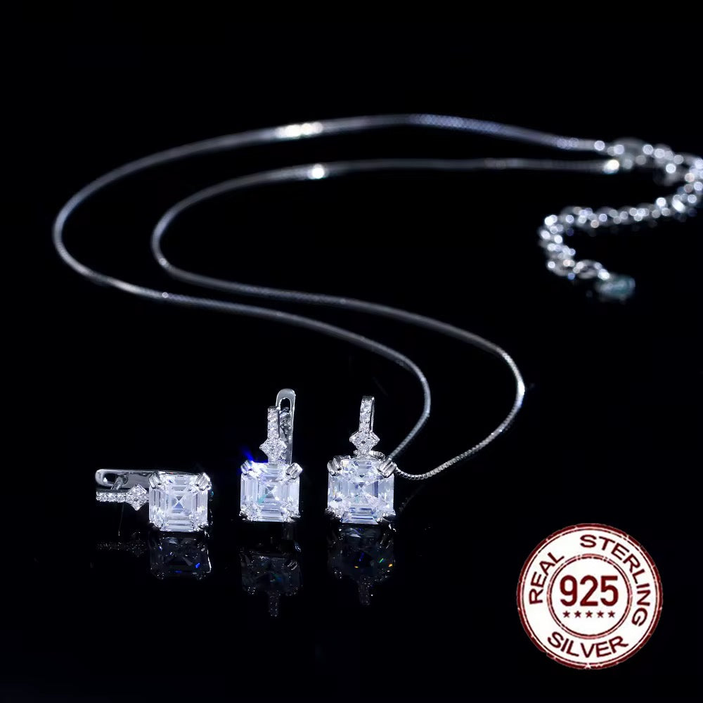 Fashion Iced Out 925 Sterling Silver Asscher Cut Cubic Zirconia Necklace and Earrings Set for Women Daily Wear