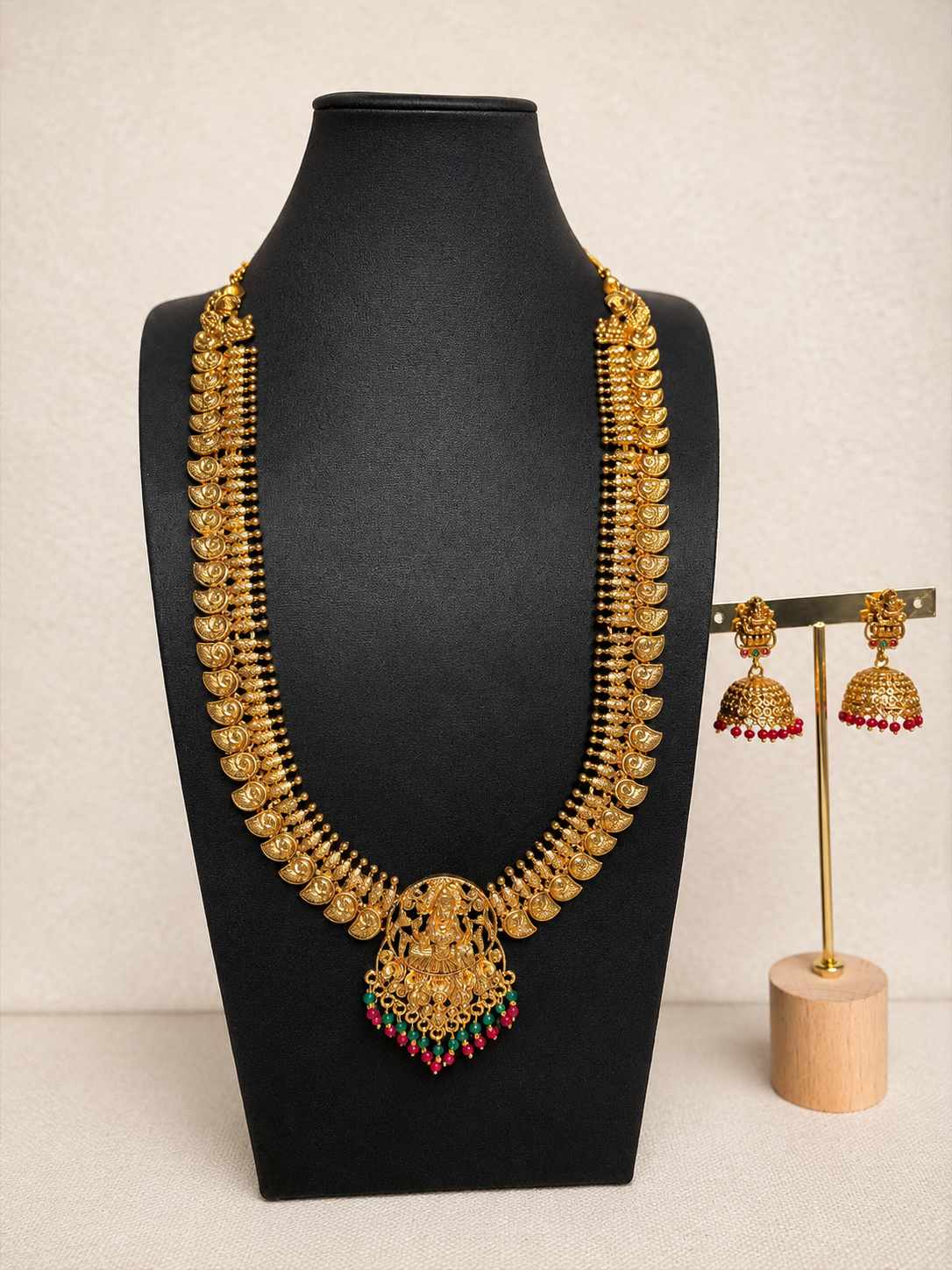 Lakshmi Temple Jewellery Long Necklace Set with Jhumka Earrings