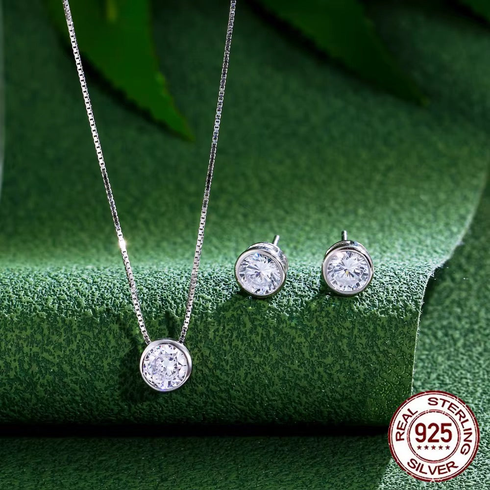 925 Sterling Silver Round CZ Necklace & Stud Earrings Set | Everyday Elegant Jewellery