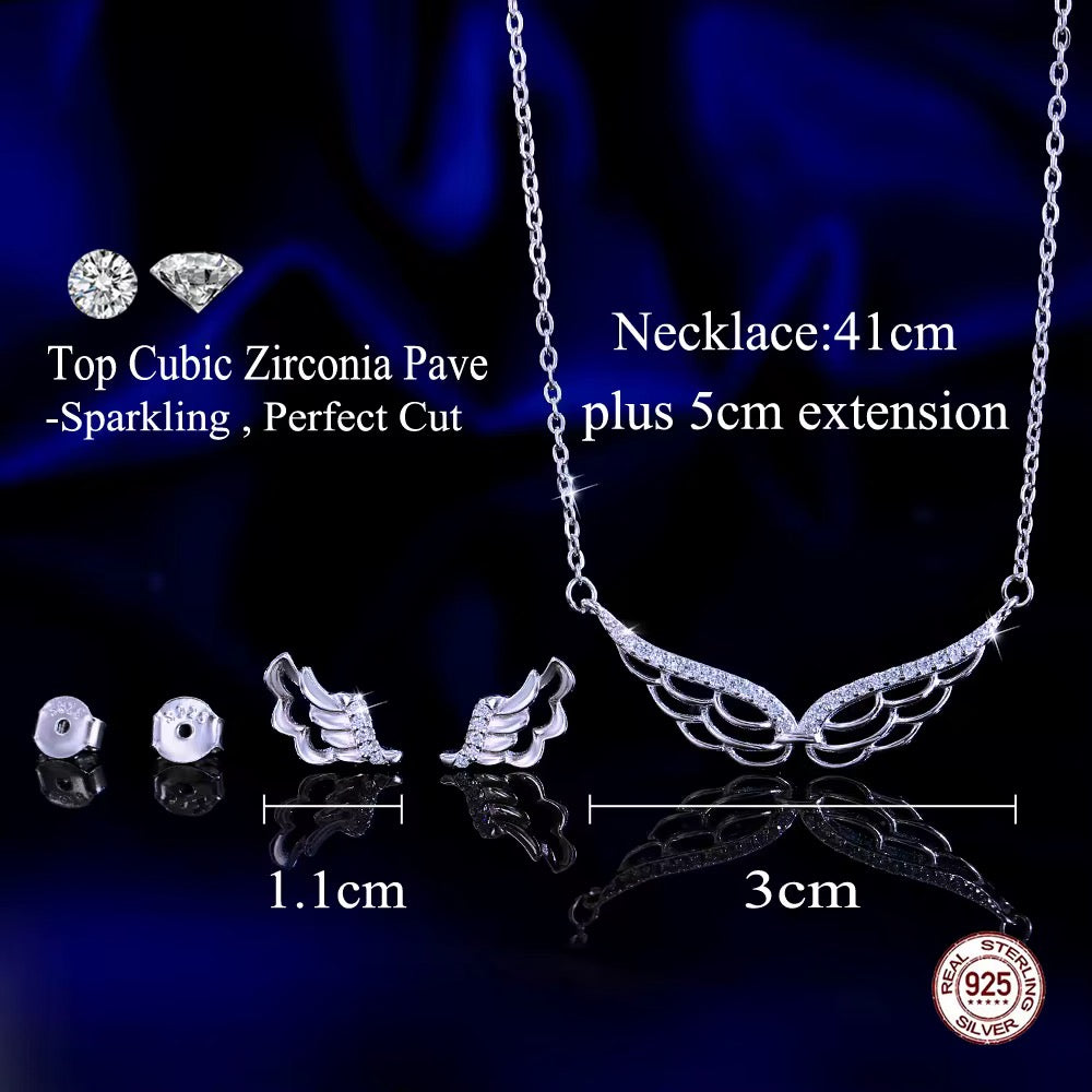 925 STERLING SILVER ANGEL WINGS CZ NECKLACE AND EARRING SET