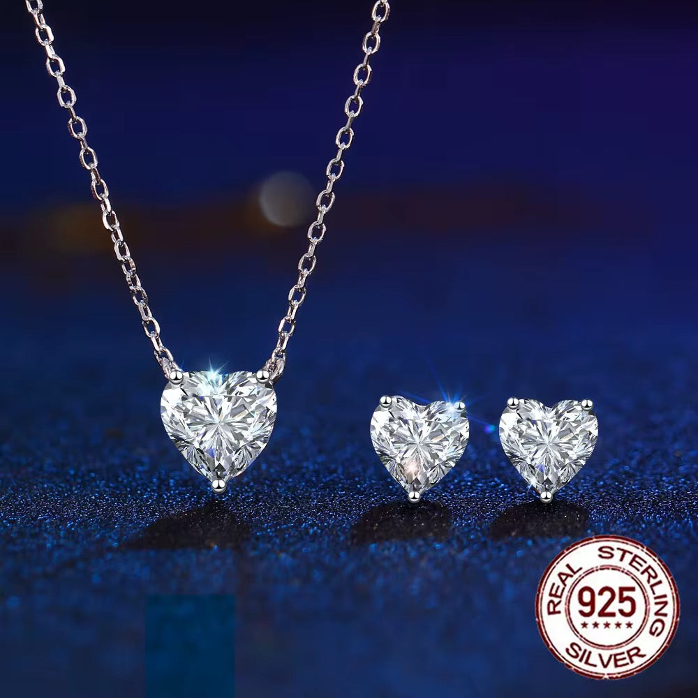 925 Sterling Silver Heart CZ Necklace & Stud Earrings Set