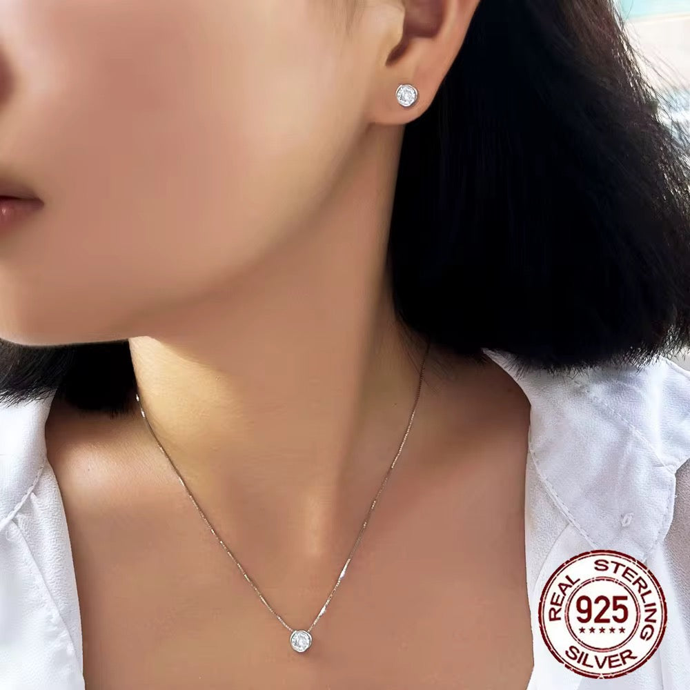 925 Sterling Silver Round CZ Necklace & Stud Earrings Set | Everyday Elegant Jewellery