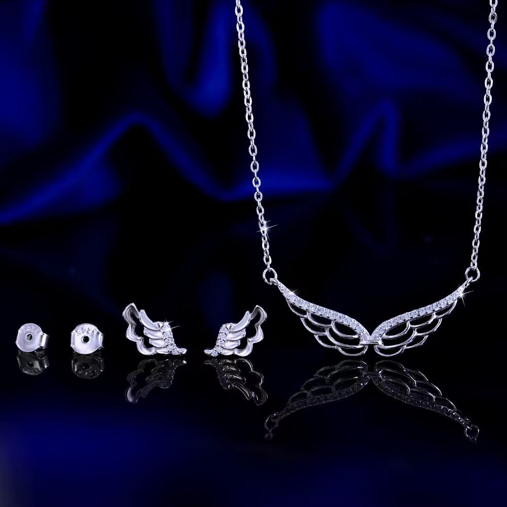 925 STERLING SILVER ANGEL WINGS CZ NECKLACE AND EARRING SET