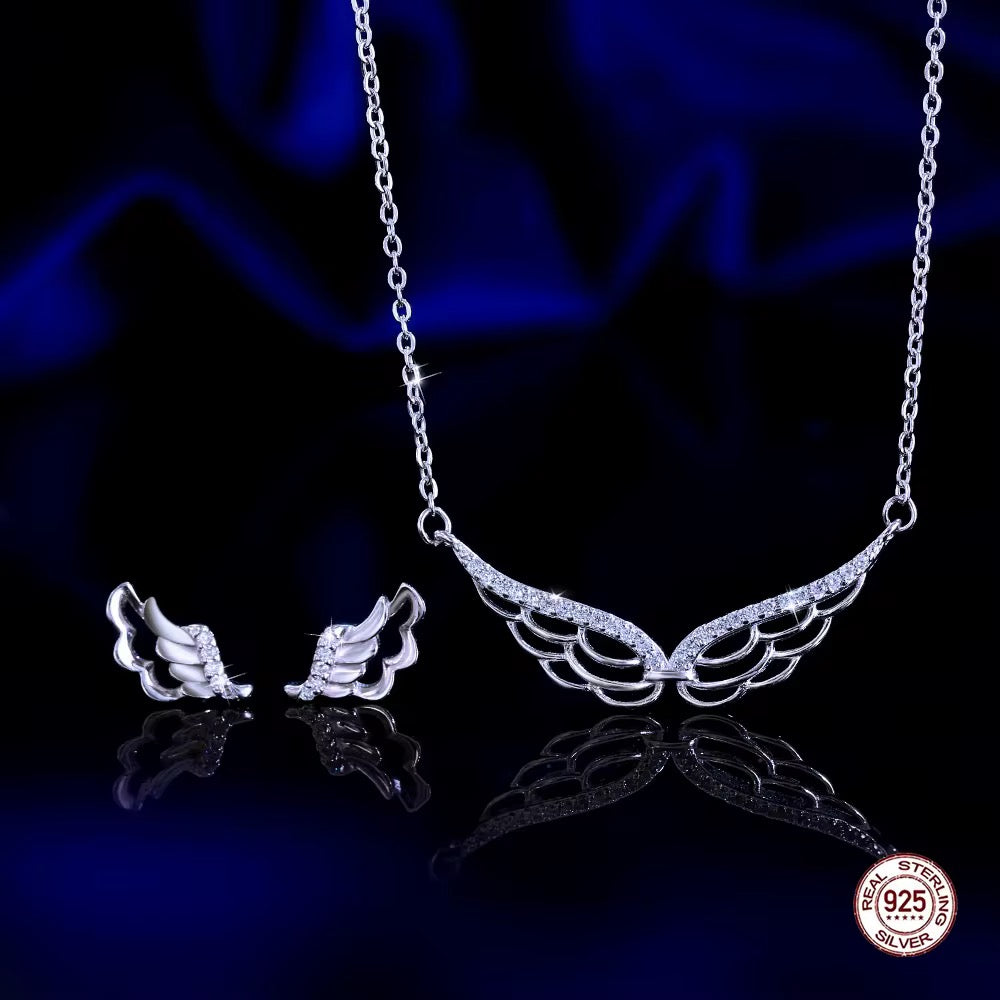 925 STERLING SILVER ANGEL WINGS CZ NECKLACE AND EARRING SET