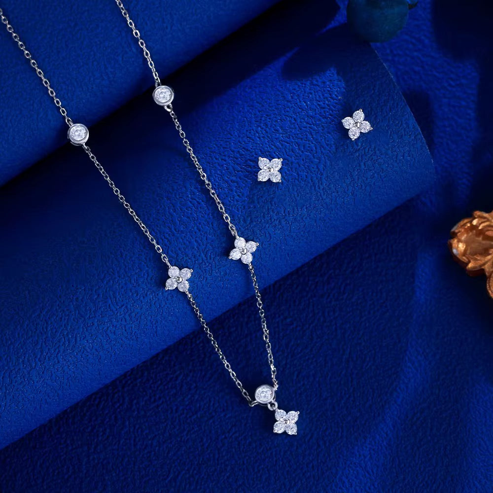 925 Sterling Silver Clover CZ Necklace & Stud Earrings | Modern Classic Style