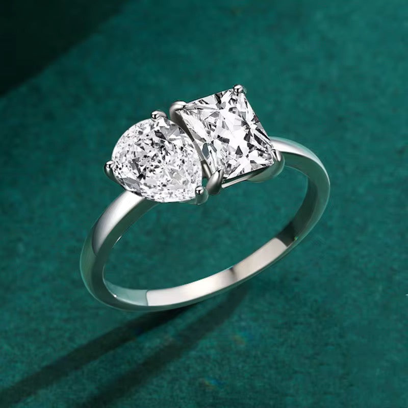 New Design 925 Sterling Silver Dual Stone Cubic Zirconia Ring | Princess & Pear Cut | Rhodium Plated