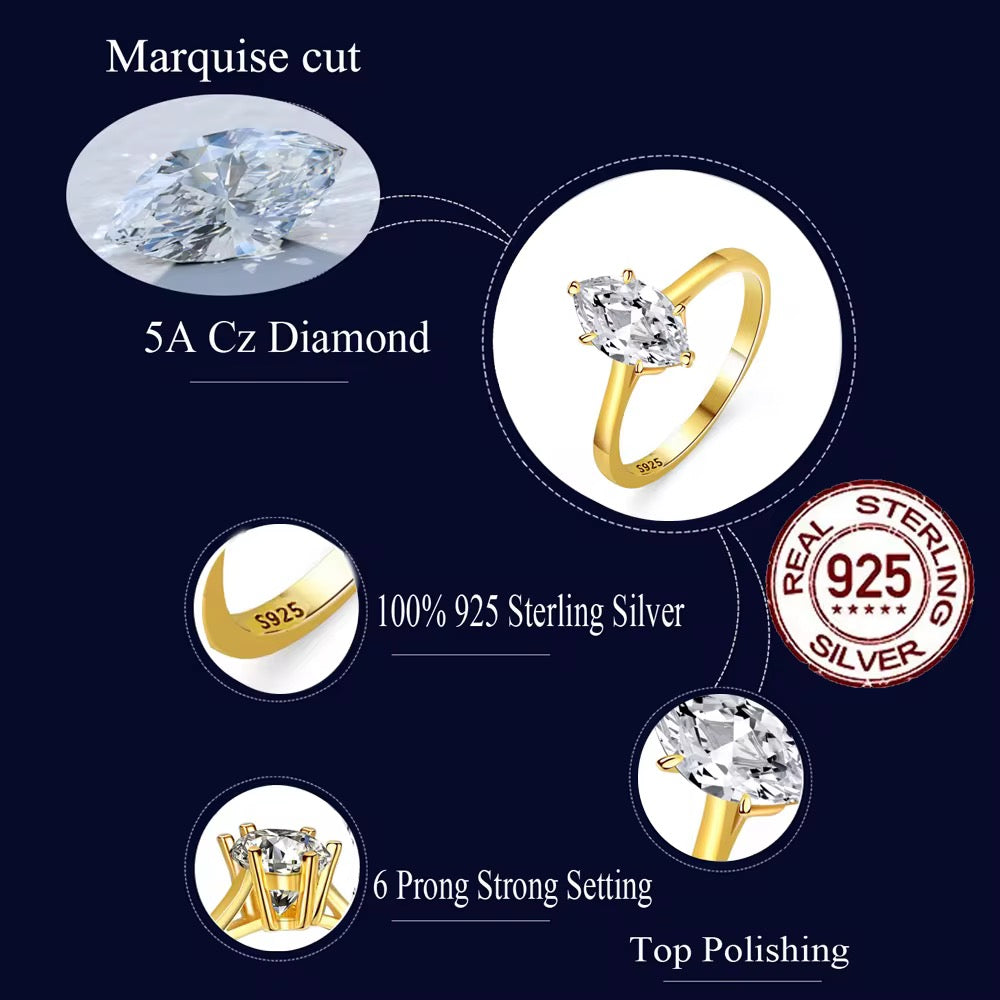 Marquise Cut Cubic Zirconia Ring | Real 925 Sterling Silver | Silver & 18K Gold Plated Gold Plated on Real 925 Sterling Silver