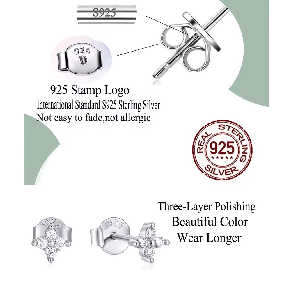 Simple Flower Stud Earrings – 925 Sterling Silver CZ (size :3mm–5mm)