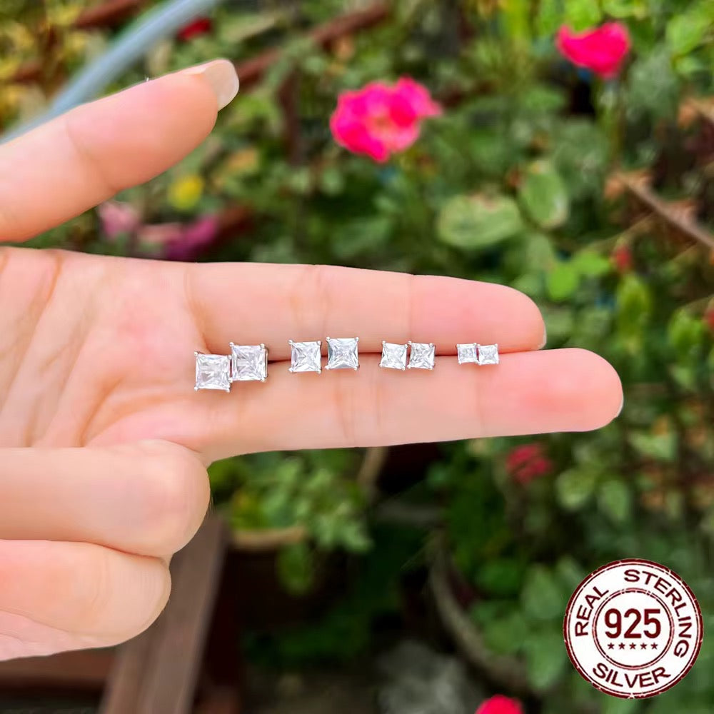 925 Sterling Silver Princess Cut CZ Square Stud Earrings | 3mm–6mm Hypoallergenic.