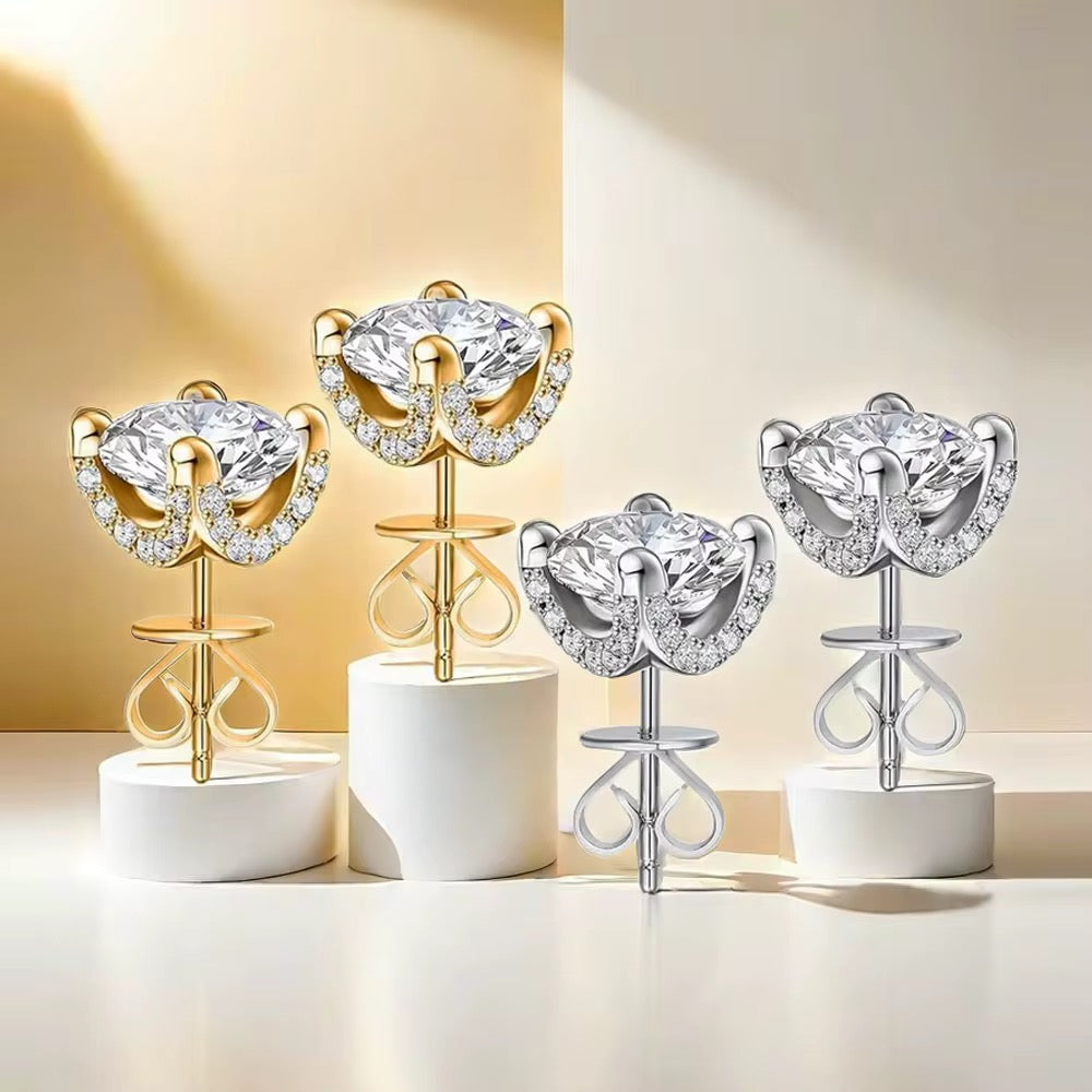 925 Sterling Silver Lotus Halo Stud Earrings | Gold & Silver colour | 6mm Cubic Zirconia