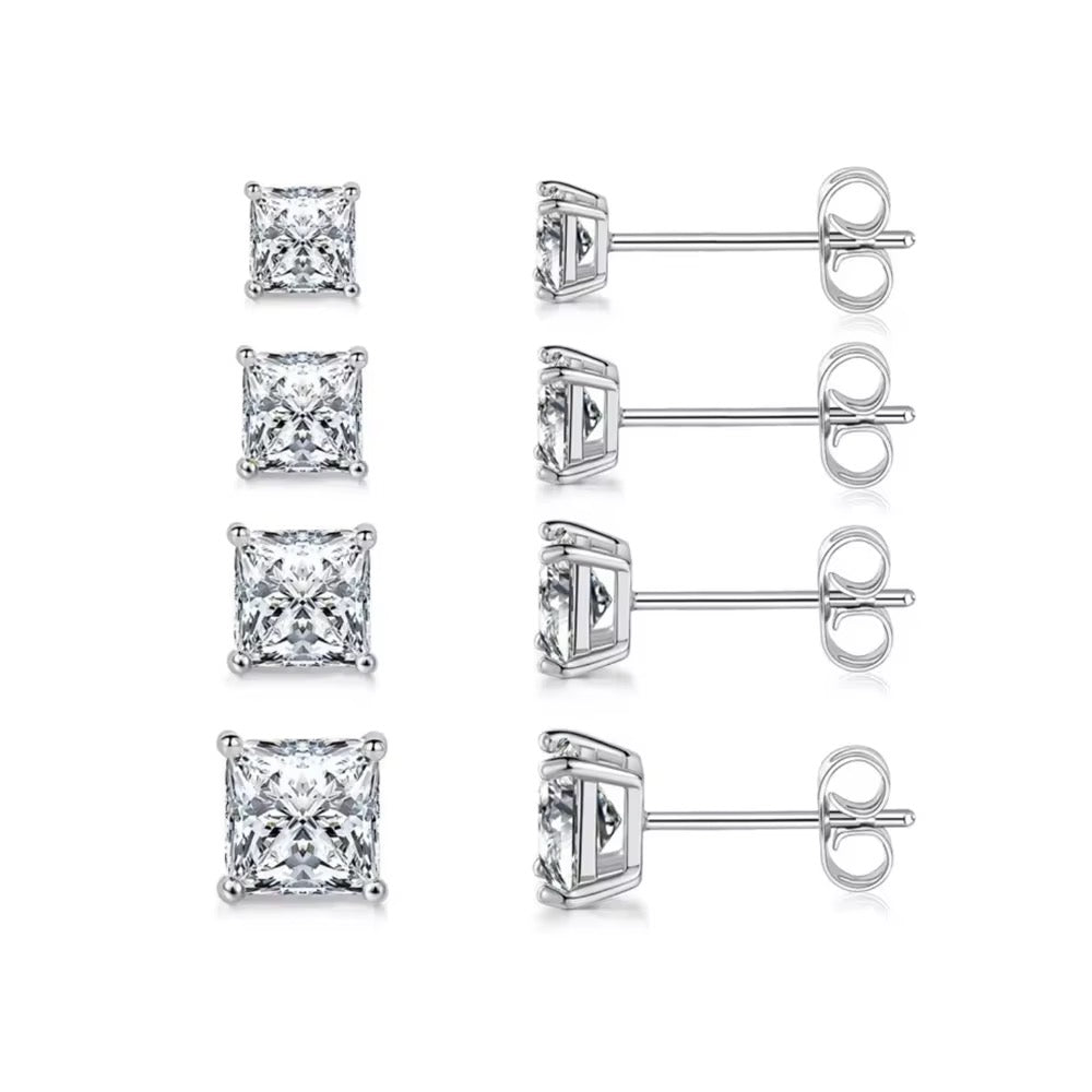 925 Sterling Silver Princess Cut CZ Square Stud Earrings | 3mm–6mm Hypoallergenic.