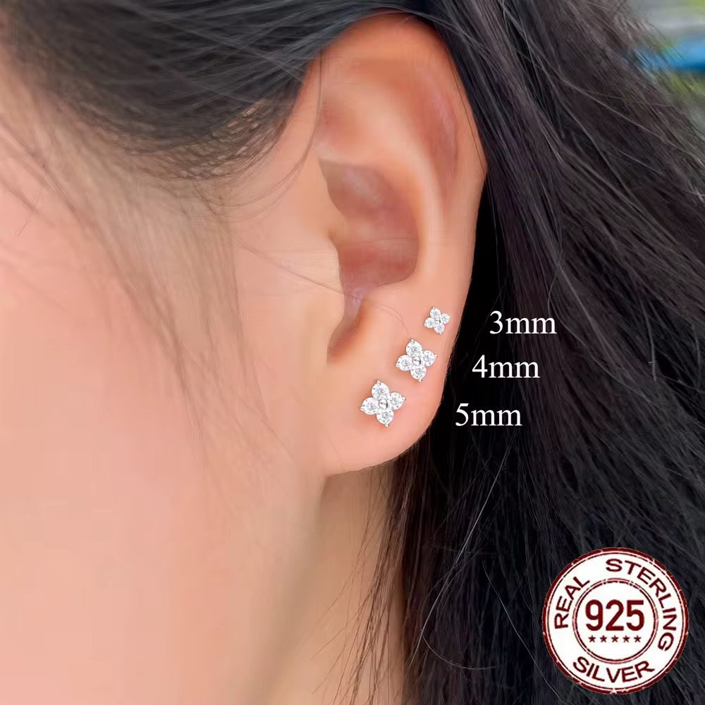 Simple Flower Stud Earrings – 925 Sterling Silver CZ (size :3mm–5mm)
