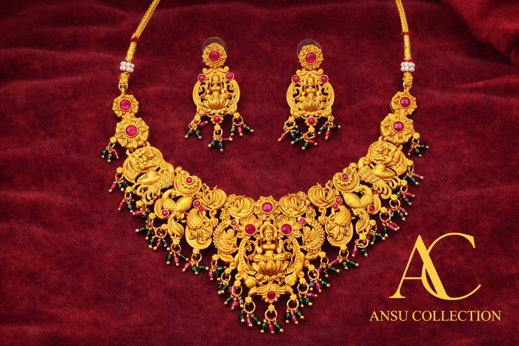 Rajasi Matte Gold Bridal Temple Set with Earrings