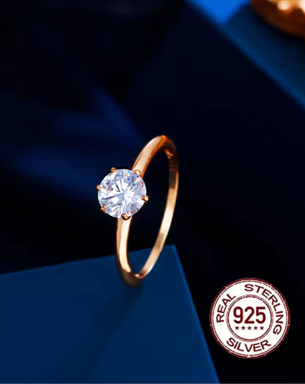 Champagne Gold plated 925 Sterling Silver Round Cubic Zirconia Solitaire Ring