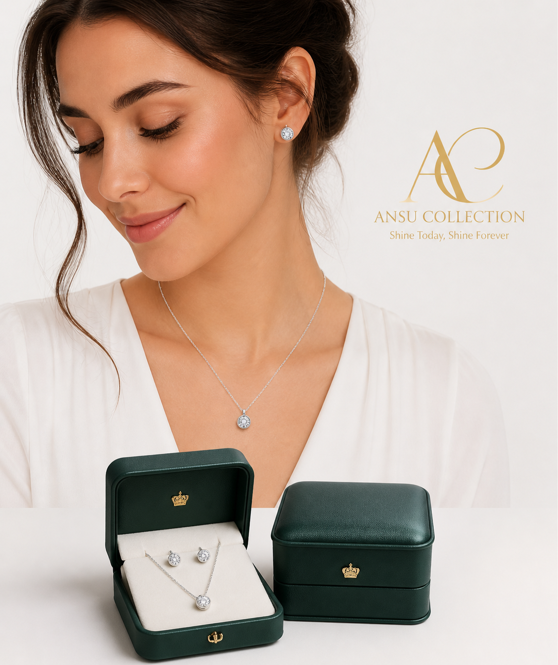 925 Sterling Silver Round CZ Necklace & Stud Earrings Set | Everyday Elegant Jewellery