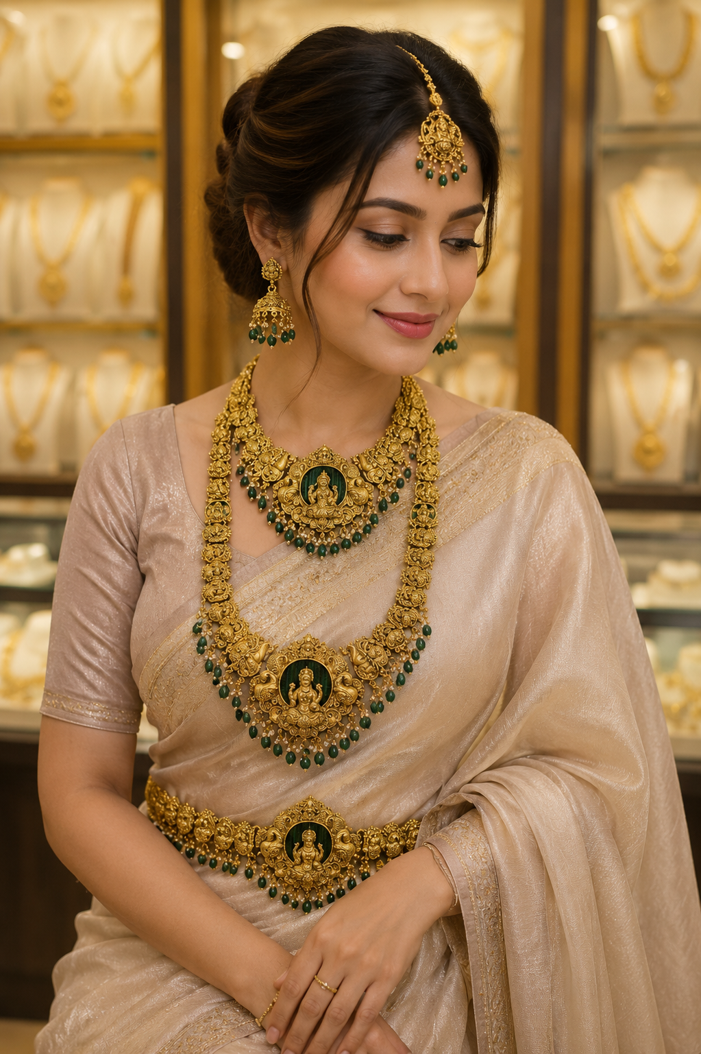 Luxury Temple Necklace Set with Waist Belt & Maang Tikka