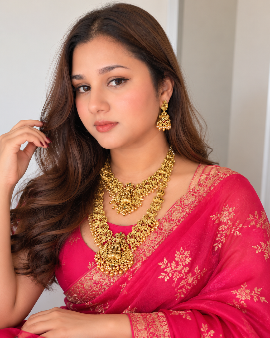 Antique Gold Plated Brass Bridal Temple Long Necklace Set with Jhumka Earrings