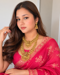 Antique Gold Plated Brass Bridal Temple Long Necklace Set with Jhumka Earrings