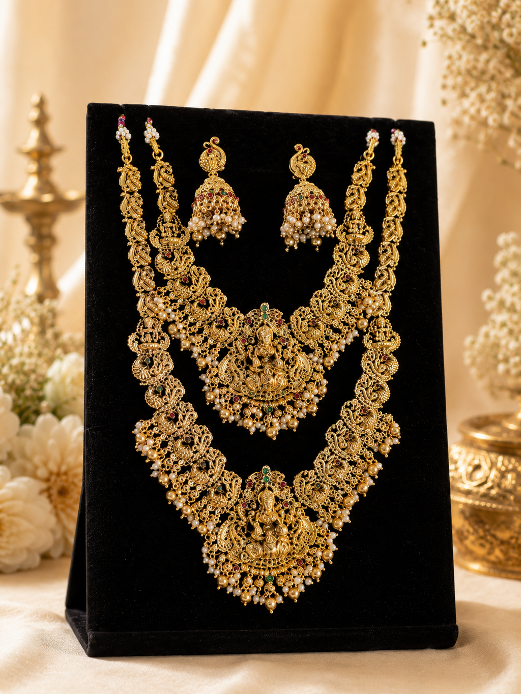 Antique Gold Plated Brass Bridal Temple Long Necklace Set with Jhumka Earrings