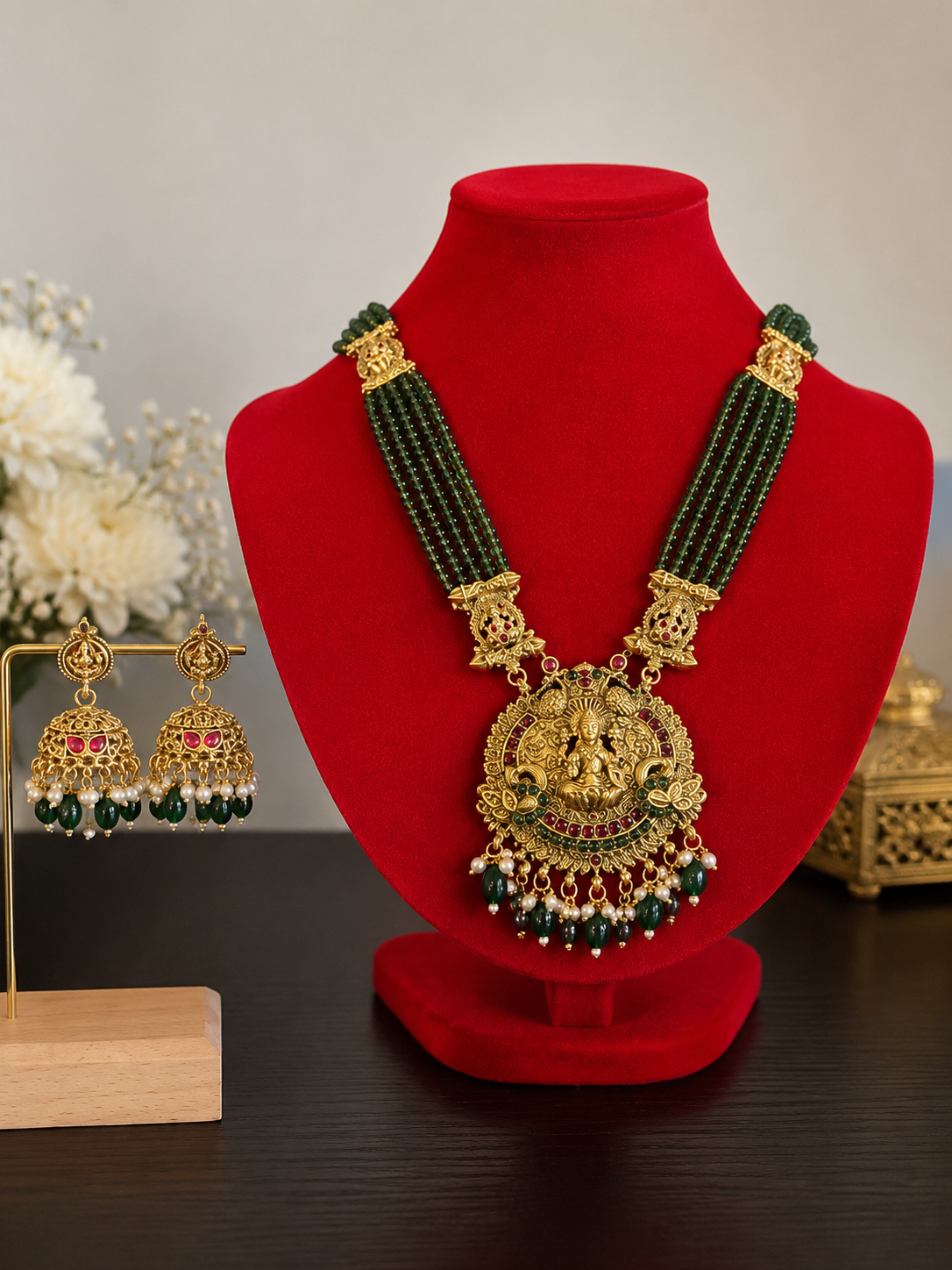 Royal Green Crystal long Necklace with earring set